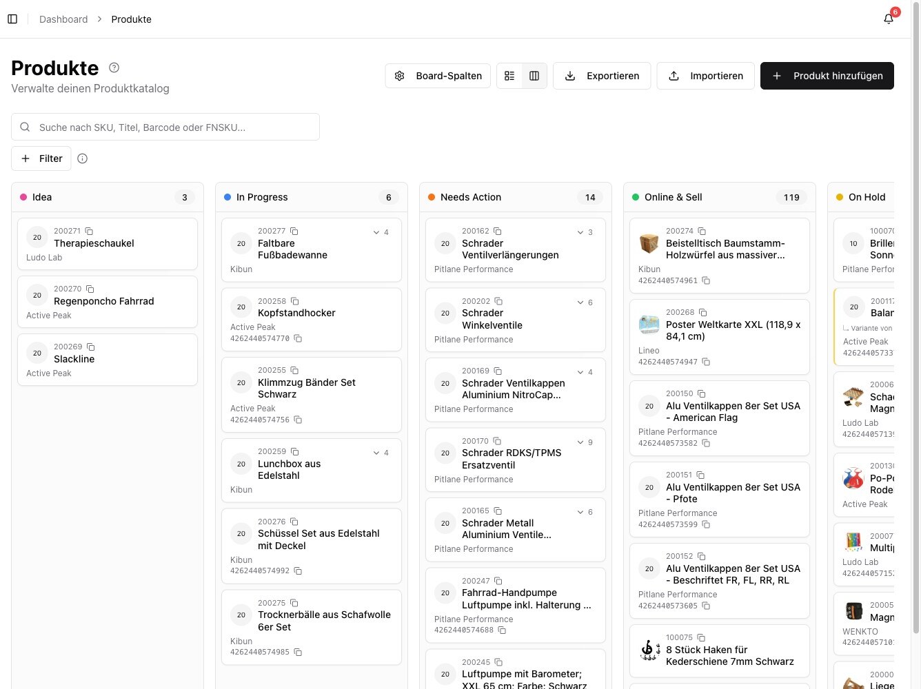 Flowkom Produkte in der Kanban-Ansicht